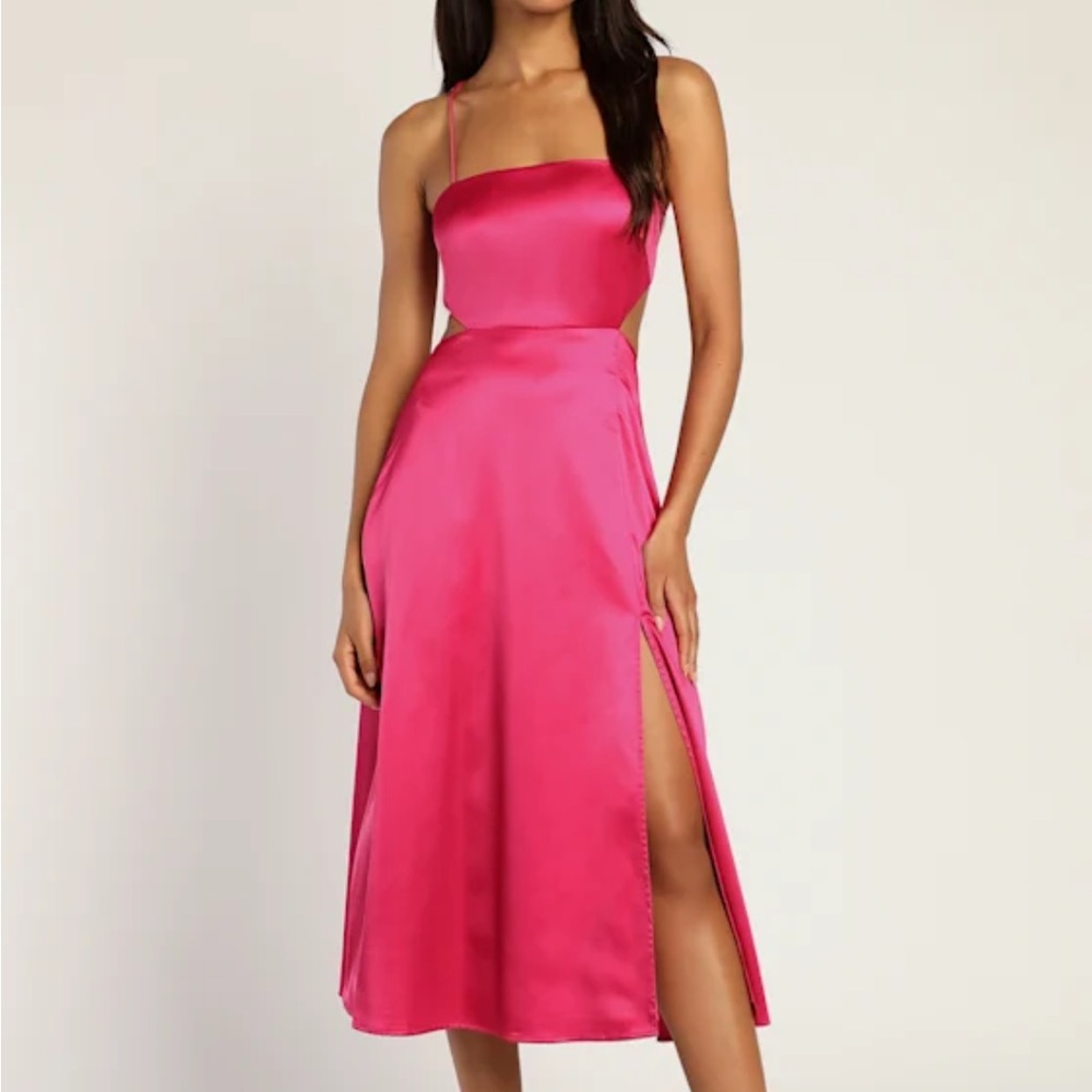 Lulu's Striking Sight Magenta Satin Cutout Lace-Up Midi Dress